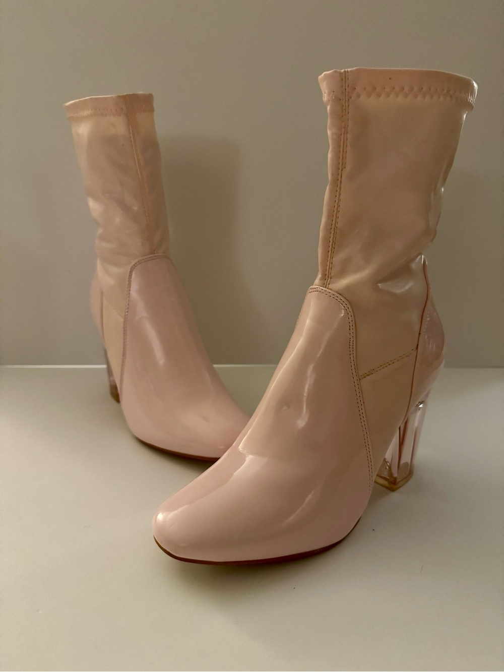 Cape Robbin Blush Pink Patent Stretch Sock Boots with Clear Block Heel